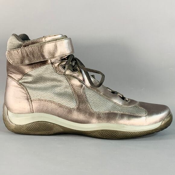 PRADA SPORT Size 10.5 America's Cup Silver Leather Nylon Mesh Ankle Sneakers - Picture 2 of 11